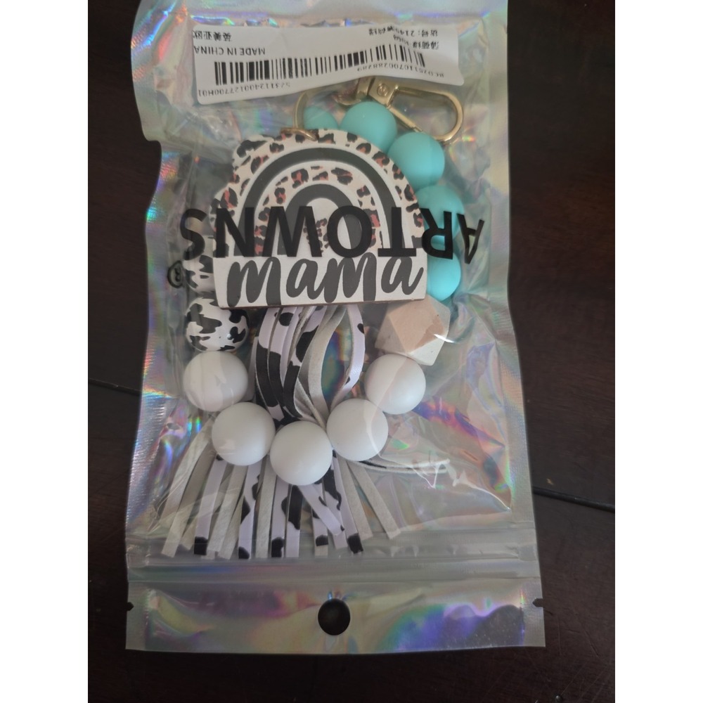 Mama Teal And White Tassel Keyring